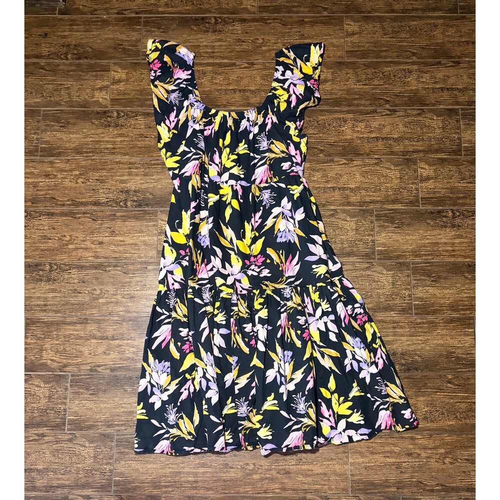 Time and Tru Black Floral Tiered Midi Dress - XL
